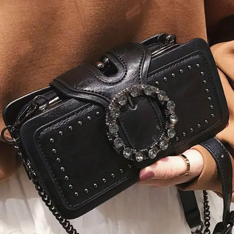 BLACK LUXURY ROUND RHINESTONE BUCKLE SHOULDER BAG