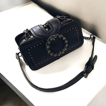 BLACK LUXURY ROUND RHINESTONE BUCKLE SHOULDER BAG