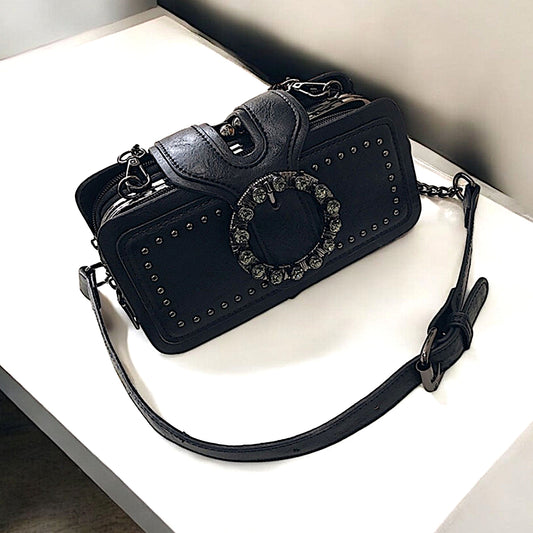 BLACK LUXURY ROUND RHINESTONE BUCKLE SHOULDER BAG